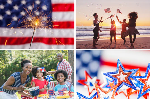 four 4th of july images in a collage, american flag, family, cake toppers, family at the beach