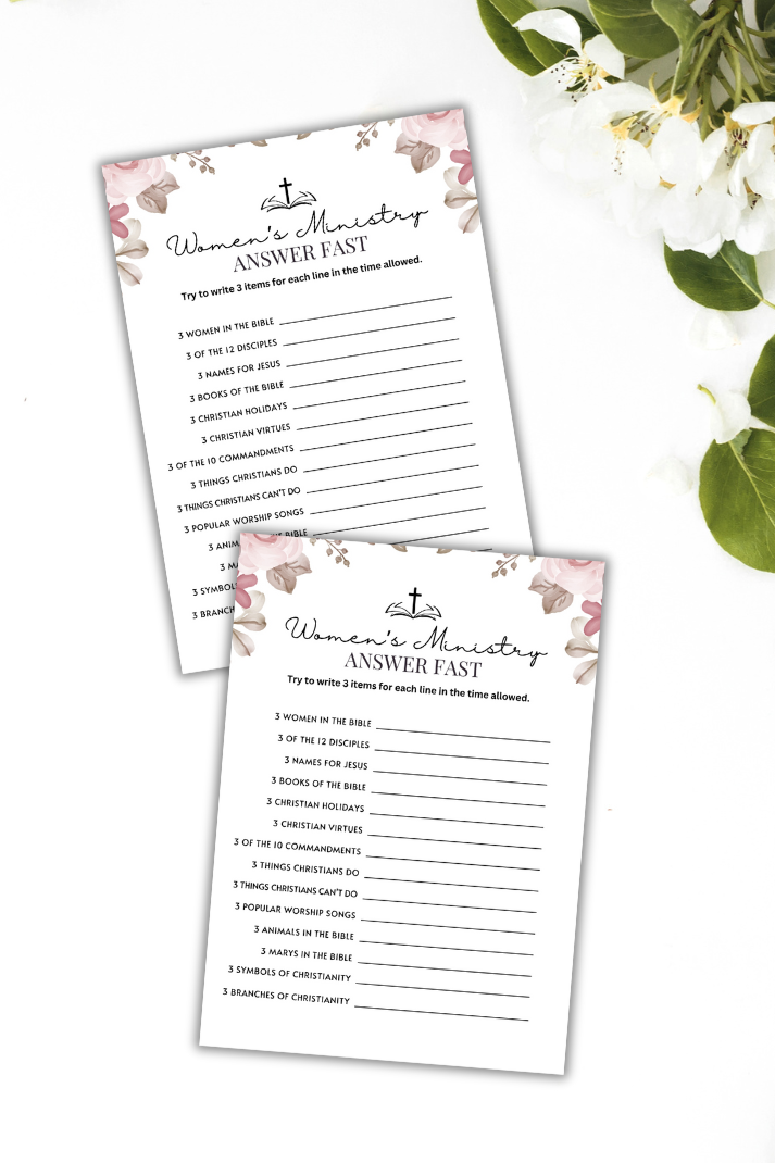 printable women's ministry answer fast game on a white floral desktop background