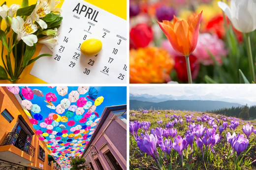 a collage of four spring themed images representing the month of april like a calendar that says april on it and colorful flowers and gardens