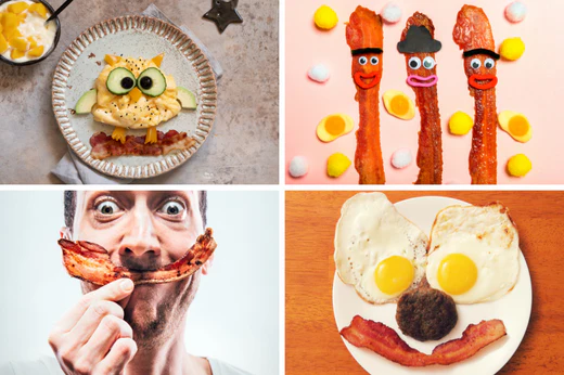 a collage of four playful and cute images featuring bacon