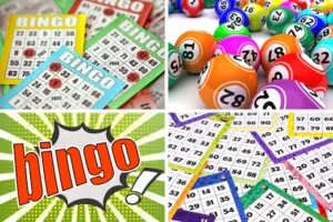 a collage of four images of bingo cards and balls, fun, bright, colorful