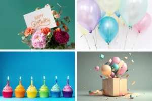 four part collage of birthday balloons, cupcakes and other colorful party items