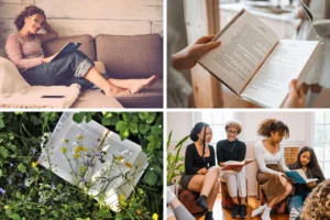 book-themed collage of four pictures suggesting reading as a hobby