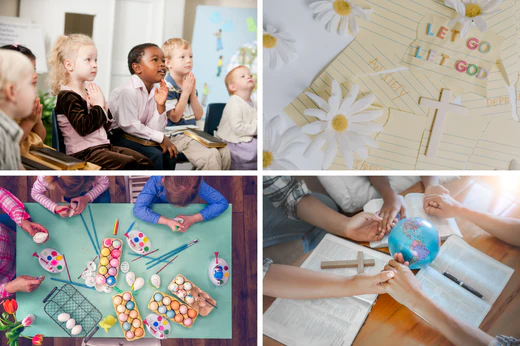 a collage of images with kids doing various christian religious arts and crafts, bible study