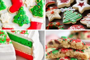 a collage of four christmas party dessert ideas including xmas cookies, rice krispies and cakes