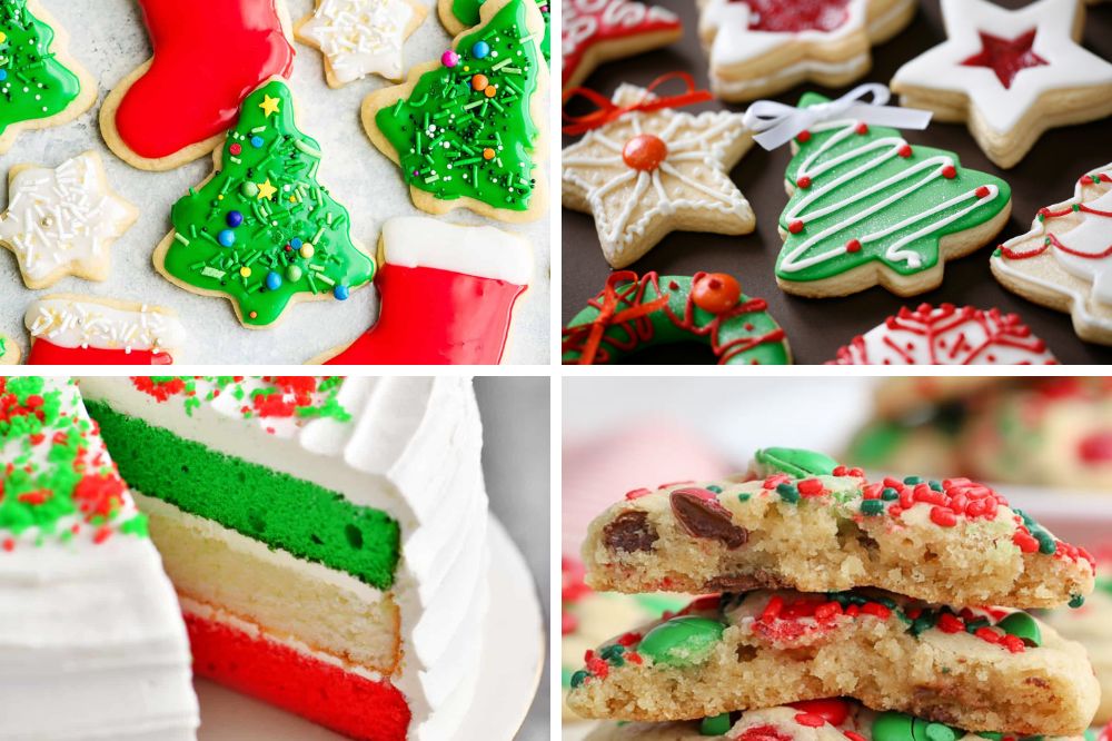 a collage of four christmas party dessert ideas including xmas cookies, rice krispies and cakes