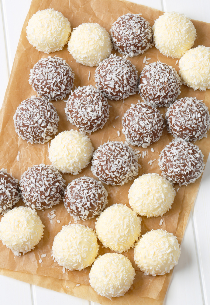 Chocolate snowball truffles rolled in coconut