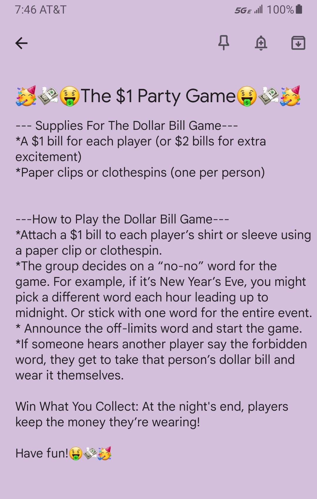 dollar party game instructions on a cell phone background