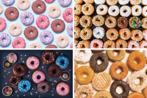 four images in a collage of donuts