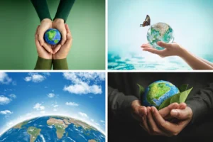 a collage of four earth day images featuring a globe and blue sky