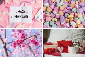 collage of four february images representing valentines day and winter