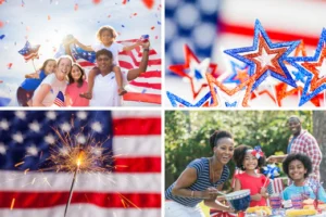 collage of four fourth of july patritotic images in red white and blue