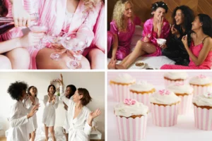 a collage of four pink, red and white images suggesting girls having fun on galentines or valentines day