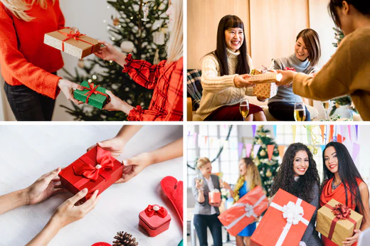 collage of four images depicting holiday christmas gift exchanges