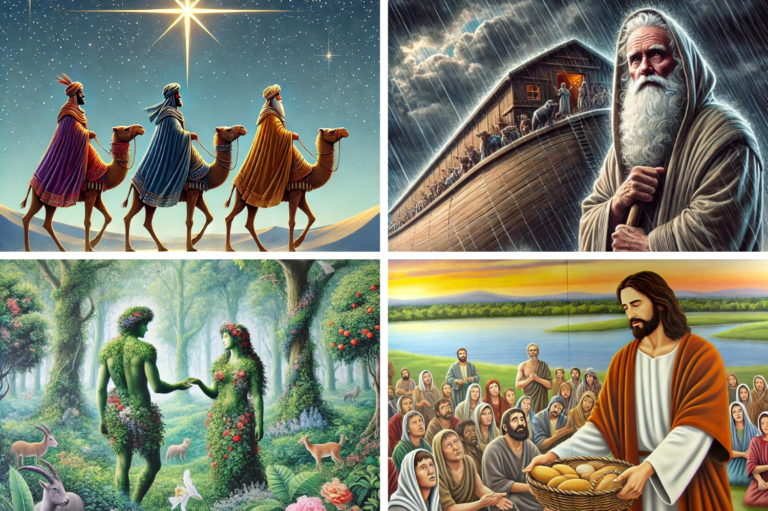 collage of four bibilical images depicting different characters in the bible - suitable for the bible emoji game