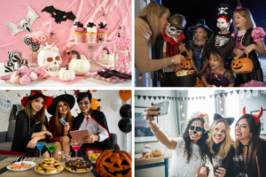 a collage of four halloween images depicting minute to win it games