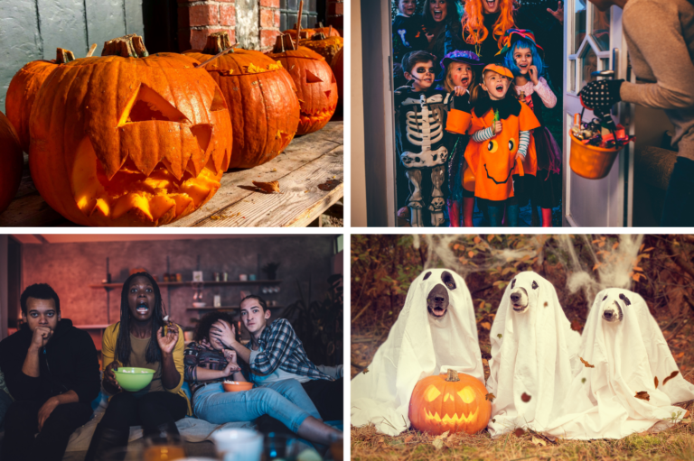 collage image of four halloween-themed images of kids, pumpkins, costumes and overall halloween party fun