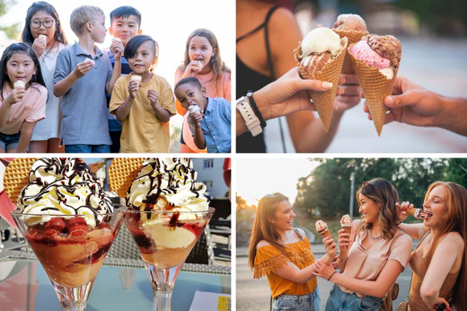 four images in a collage of people enjoying ice cream