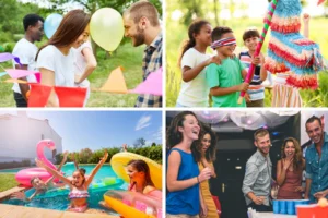 collage of four parties where people are playing icebreaker games getting to know eachother and having fun