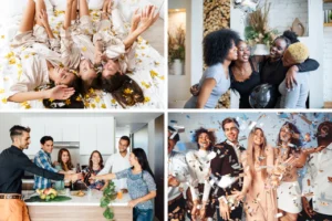 a collage of four images depicting adults partying indoors