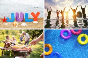 four july images of swimming pool, people partying at the beach, backyard bbq and balloons