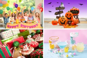 four part collage of different party images suggesting playful party games