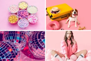 a collage of four pink images - macaroons, disco ball, pretty girl in a pink jacket and a dog on a pink background