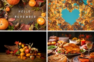 a collage of four autumn and fall themed images representing the month of november