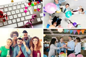 collage of four office party themed images with people, balloons in a workplace setting with computer equipment