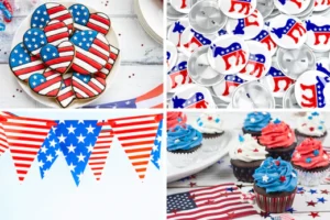 a collage of four patritotic party decorations - cookies, bunting, streamers and cupcakes