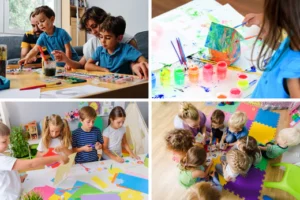 a collage of four images of kids doing various screen-free arts and crafts