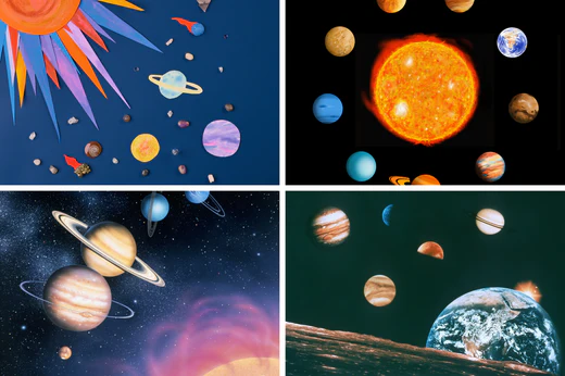 a collage of four space themed images