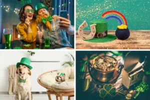 a collage of four green and gold st patricks day themed images