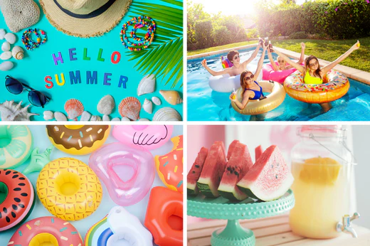 summer collage of four images - summer drinks, "hello summer" text, tweens playing in a swimming pool and more