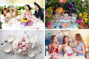 collage of four tea-party images of women, flowers, gardens, depicting a fun tea party theme