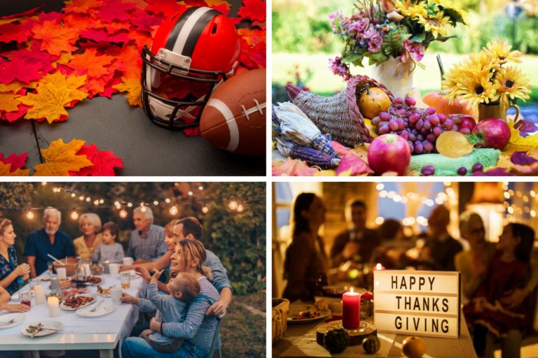 a collage of four thanksgiving images depicting party games for minute to win it