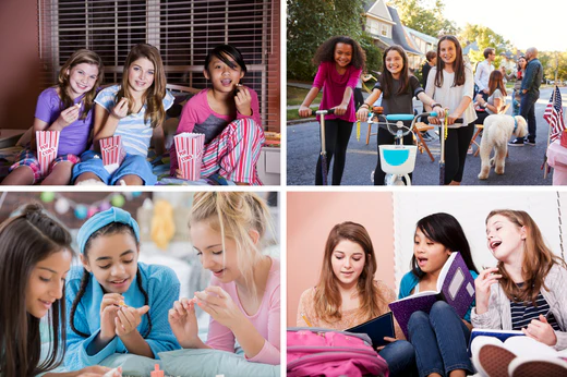 a collage of four tween girls having fun reading, playing games and more, pink