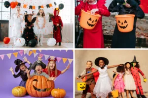 collage image of four halloween-themed images of kids, pumpkins, costumes and overall halloween party fun