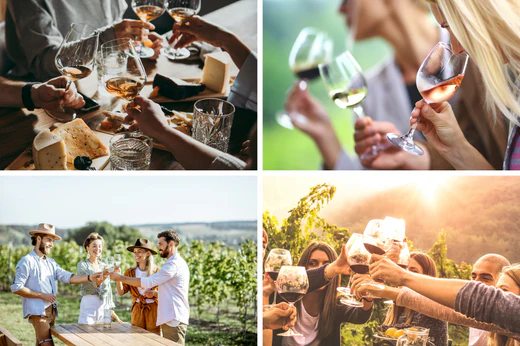 a collage of four wine tasting party images from vineyards to people celebrating together toasting glasses at a party