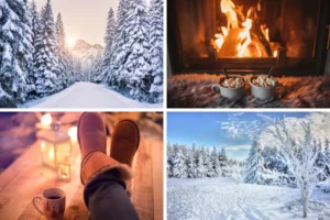 collage of four images depicting winter scenes