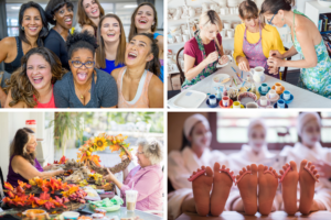 a collage of four images of women spending quality time together at various women's ministry events