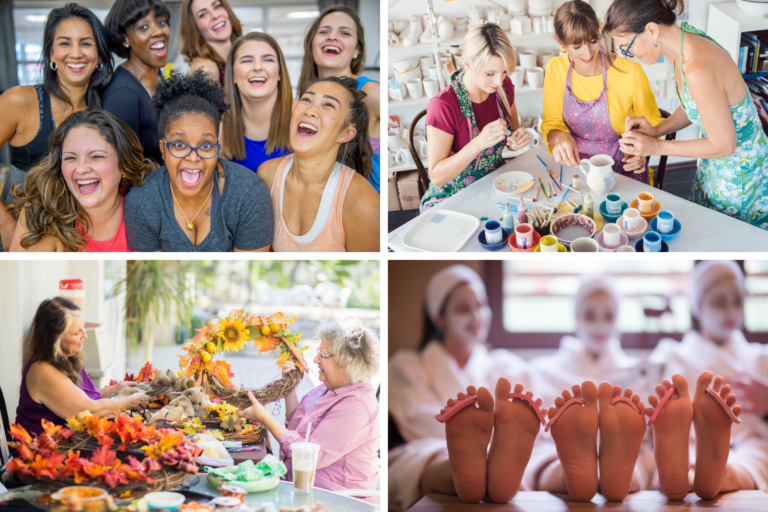 a collage of four images of women spending quality time together at various women's ministry events