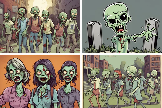 collage of four cartoon zombie images wiht zombies of all kinds for halloween