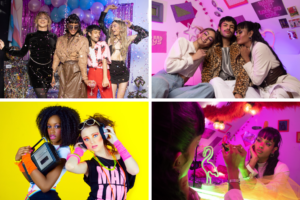 a collage of four colorful images of people dressed in 2000's themed y2k clothes partying