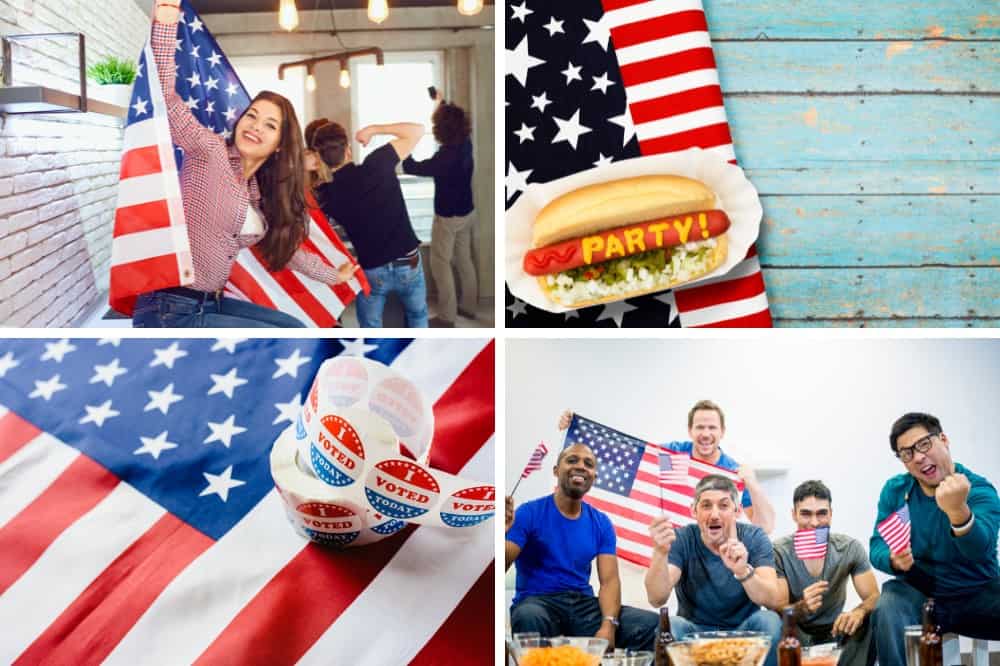a collage of four patriotic images suggesting celebration of the 2024 us presidential election watch party