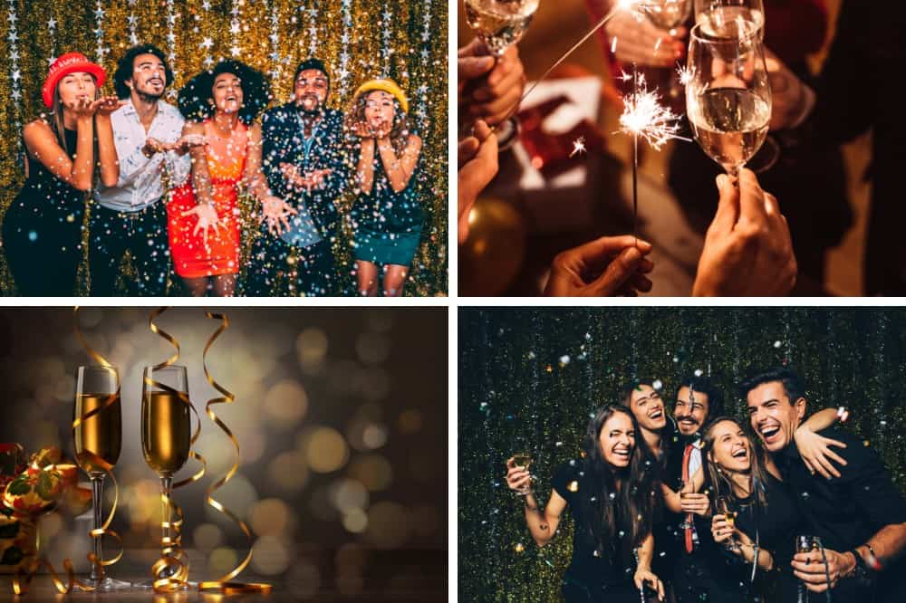 new years eve party collage of four images showing people enjoying themselves on nye