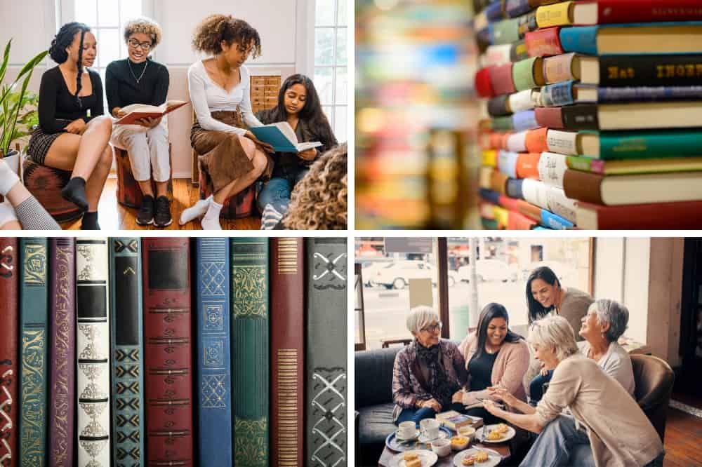 a collage of four images depicting books, people at a book club for thanksgiving book club ideas