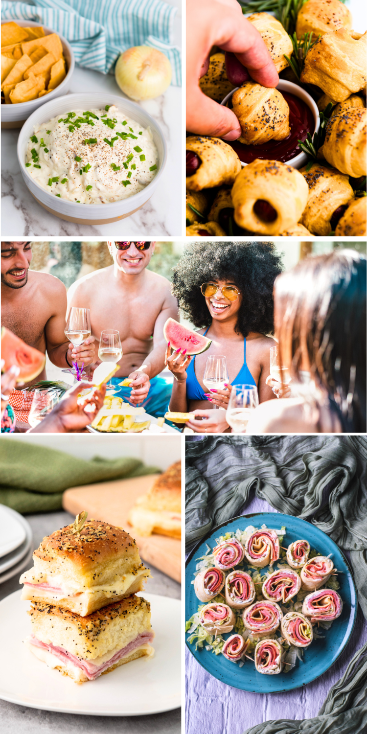 A collage of several summertime recipes that are perfect for a pool party with a photo of young people in swimming suits eating.