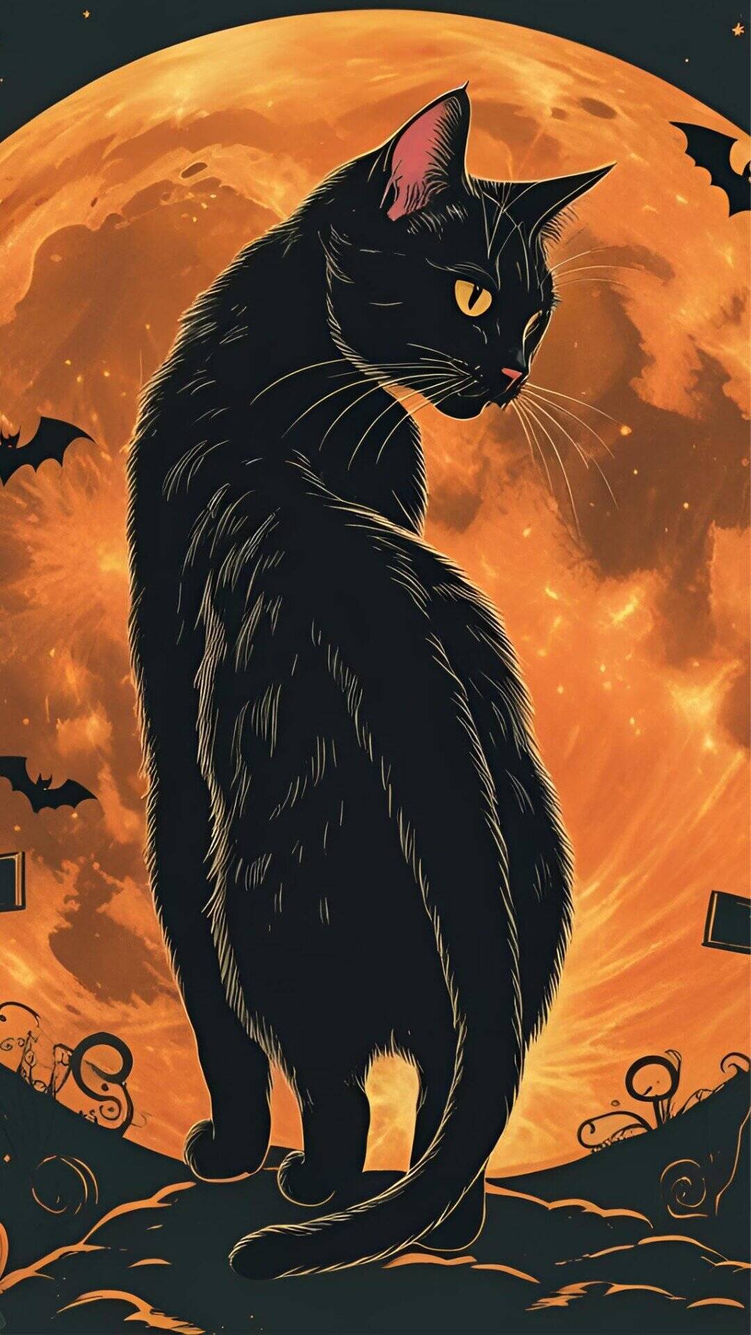 Vintage Black Cat Halloween Wallpaper_ A Spooky Art Throwback