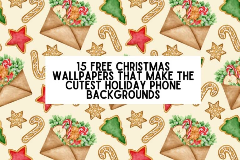 cute christmas pattern with white box and text overlay that reads "15 Free Christmas Wallpapers That Make the Cutest Holiday Phone Backgrounds"